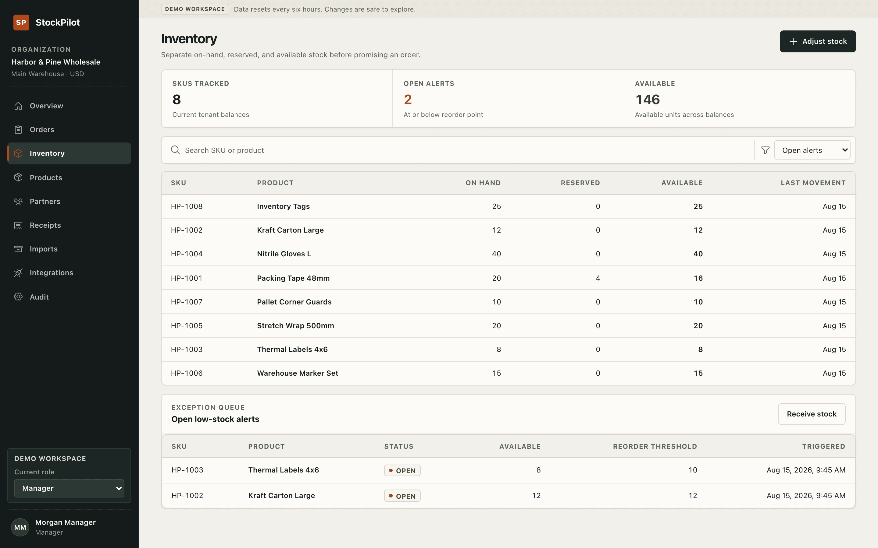 StockPilot inventory balances with available quantities and low-stock exceptions