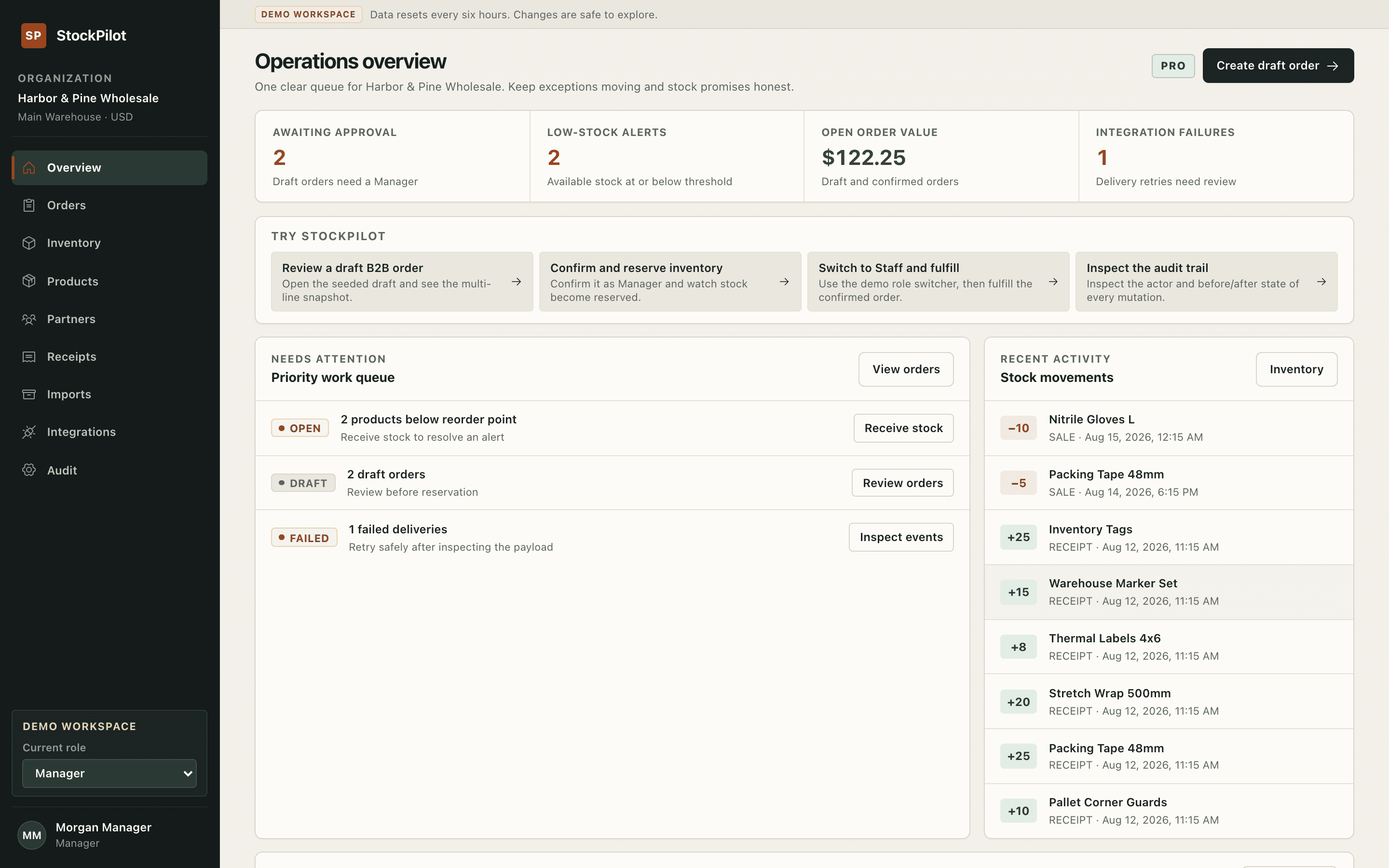 StockPilot demo workspace showing inventory and order operations