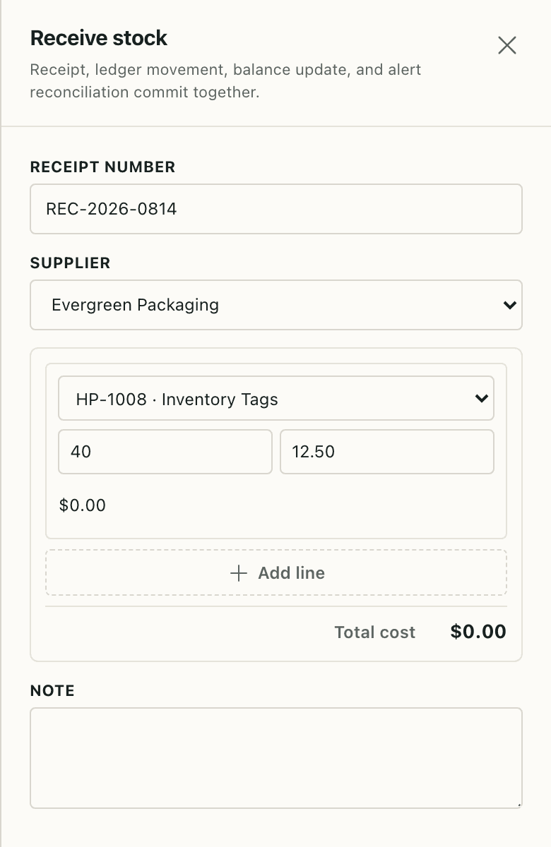 StockPilot mobile receipt drawer for receiving warehouse stock